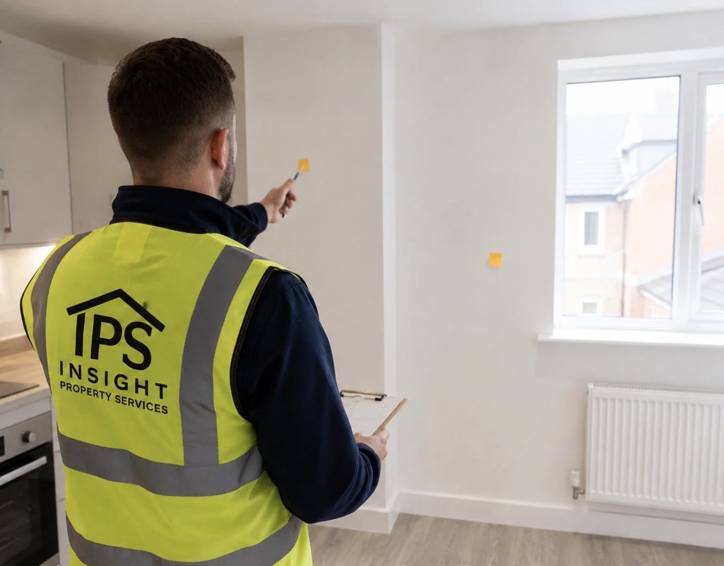A man wearing a yellow high-visibility vest with the words 'IPS INSIGHT PROPERTY SERVICES' on the back is pointing at the wall with a small tape measure or sticker, inside a bright, empty room with a window and radiator.