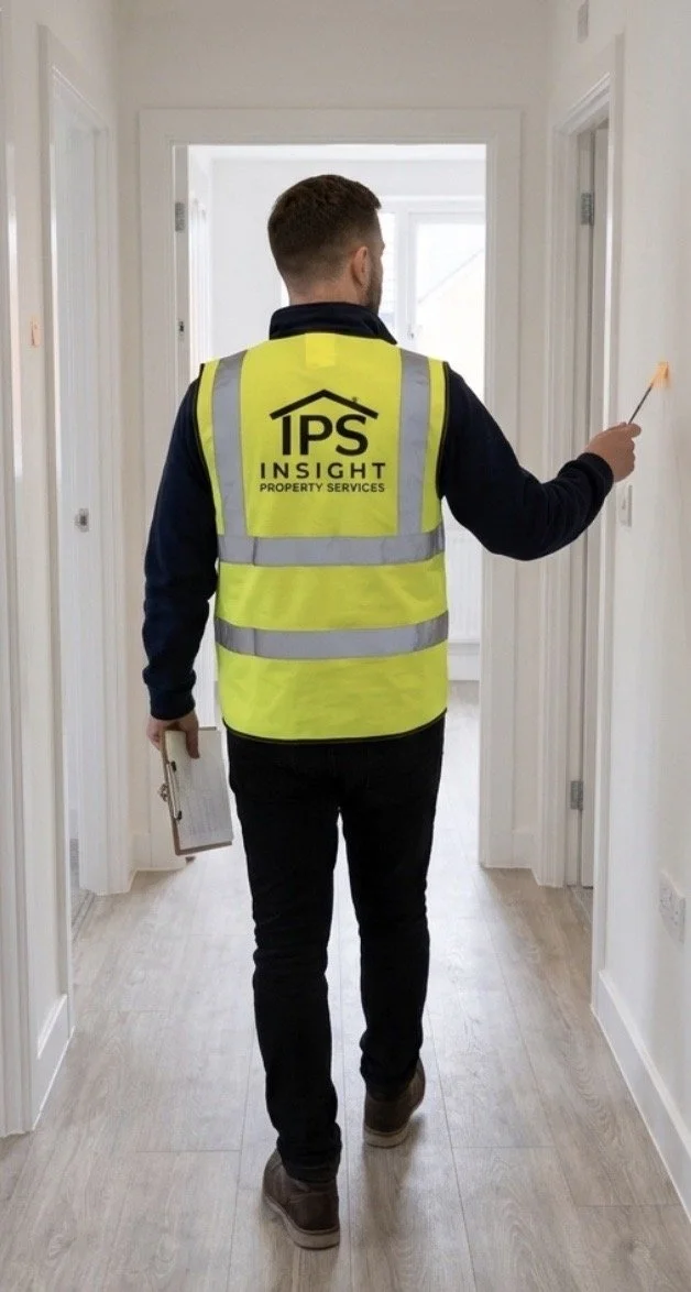 A man wearing a yellow High Visibility safety vest with the logo 'IPS Insight Property Services' on the back, walking down a hallway while inspecting the walls with a small tool in his right hand.