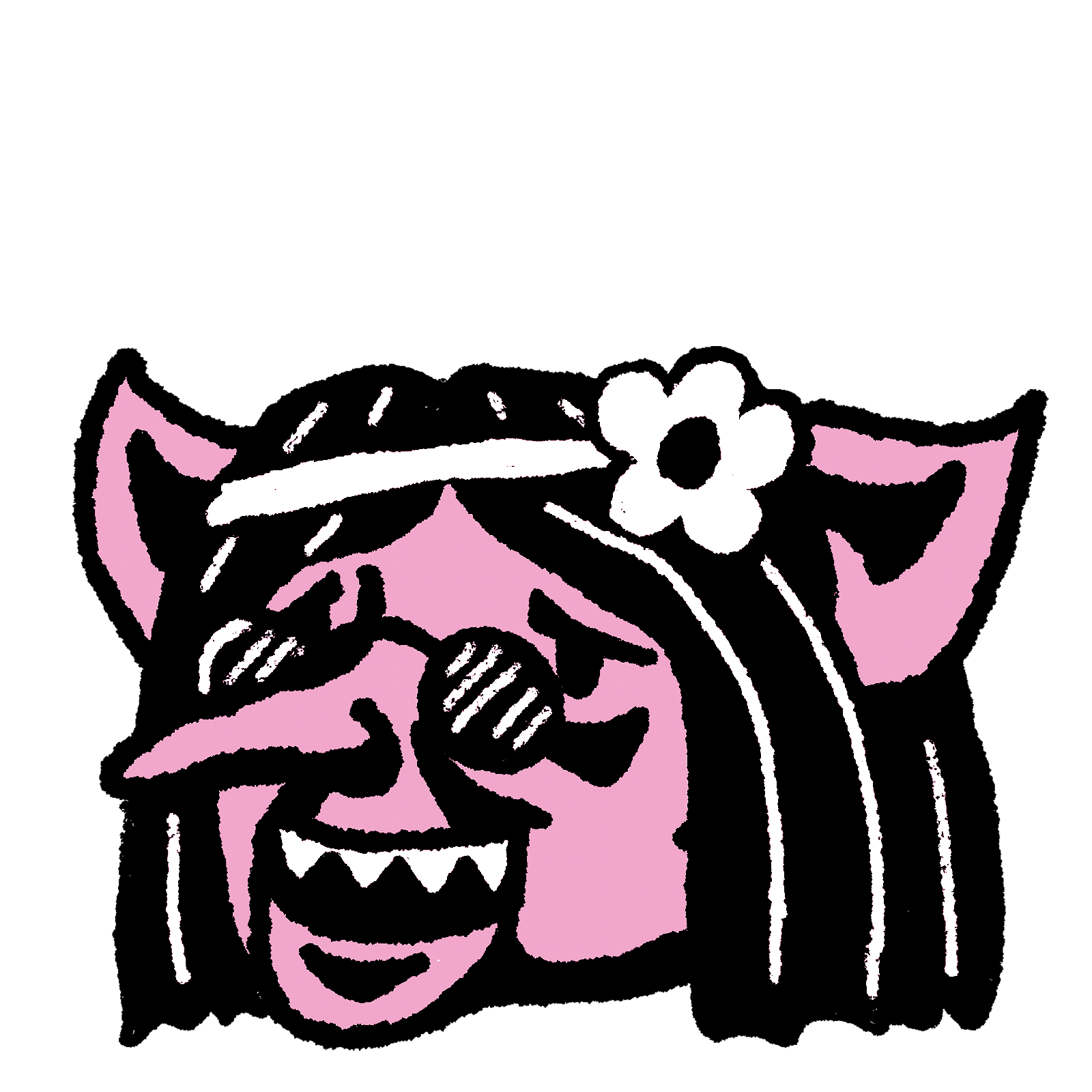 A stylized illustration of Connie Ernatt's troll with long hair, sunglasses, and flower headdress on.