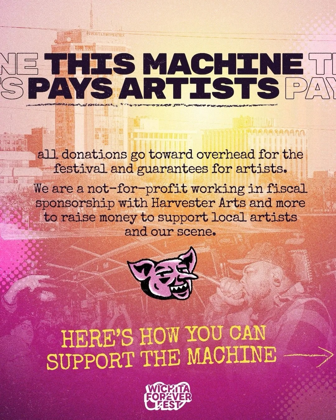 Do you love music and art in Wichita? Good! Wichita Forever Fest is almost here, and we need YOU to help us make it happen! 🧌
We are a not-for-profit, community powered music and arts festival. Made by artists, for everyone. Every donation goes stra