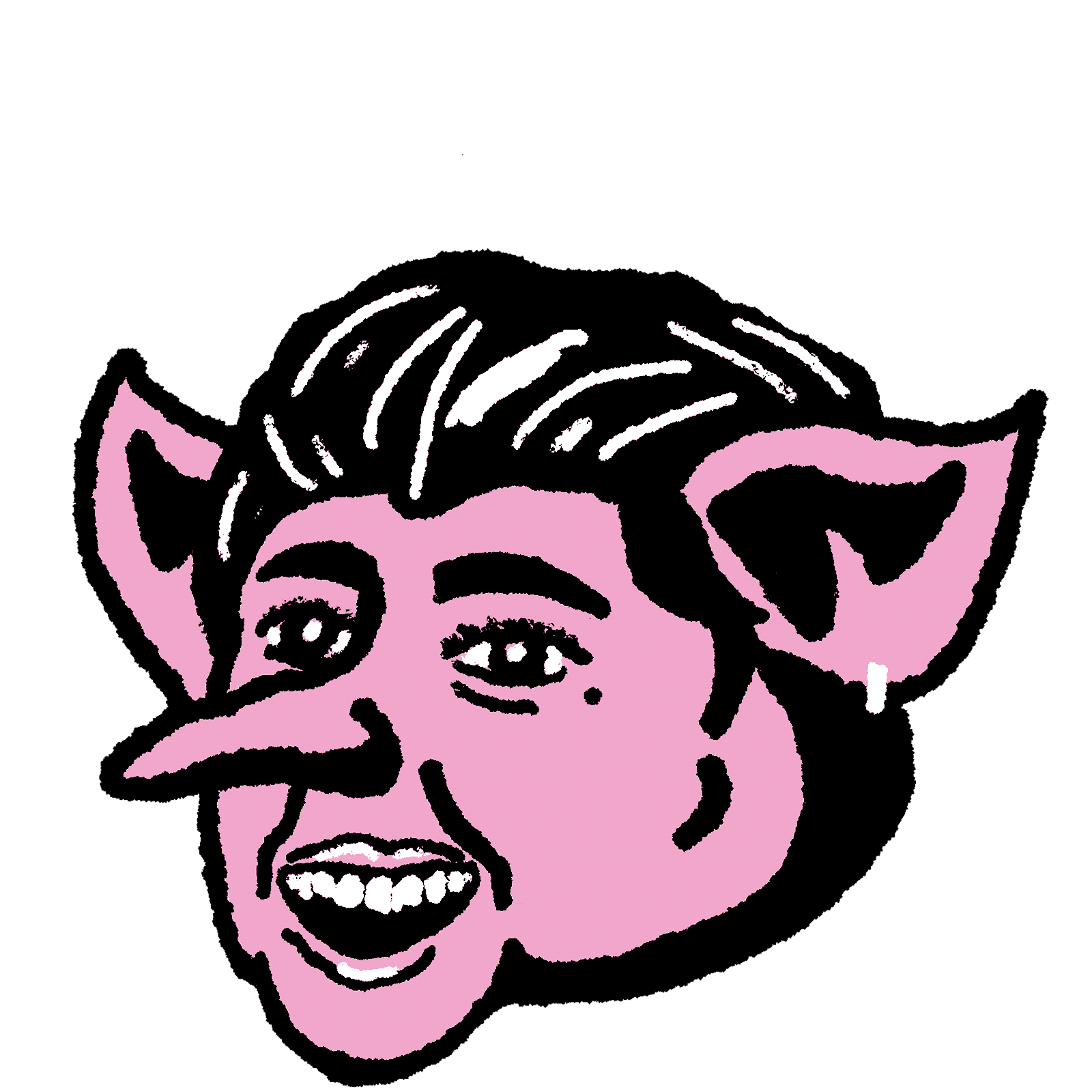 A stylized illustration of Connie Ernatt's troll with slicked back hair and a single earring no the right ear.