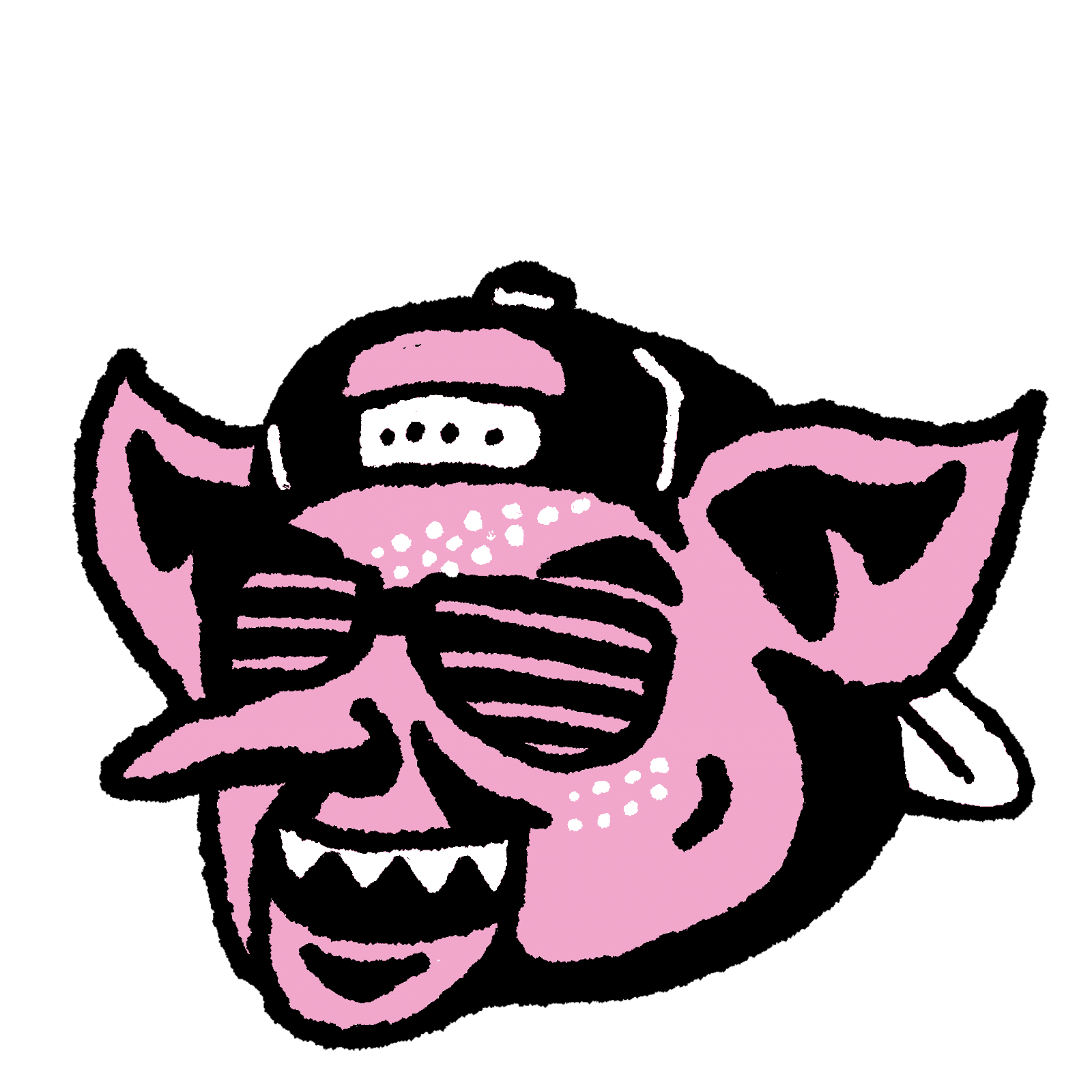 A stylized illustration of Connie Ernatt's troll with a backwards hat on and shutter shades.