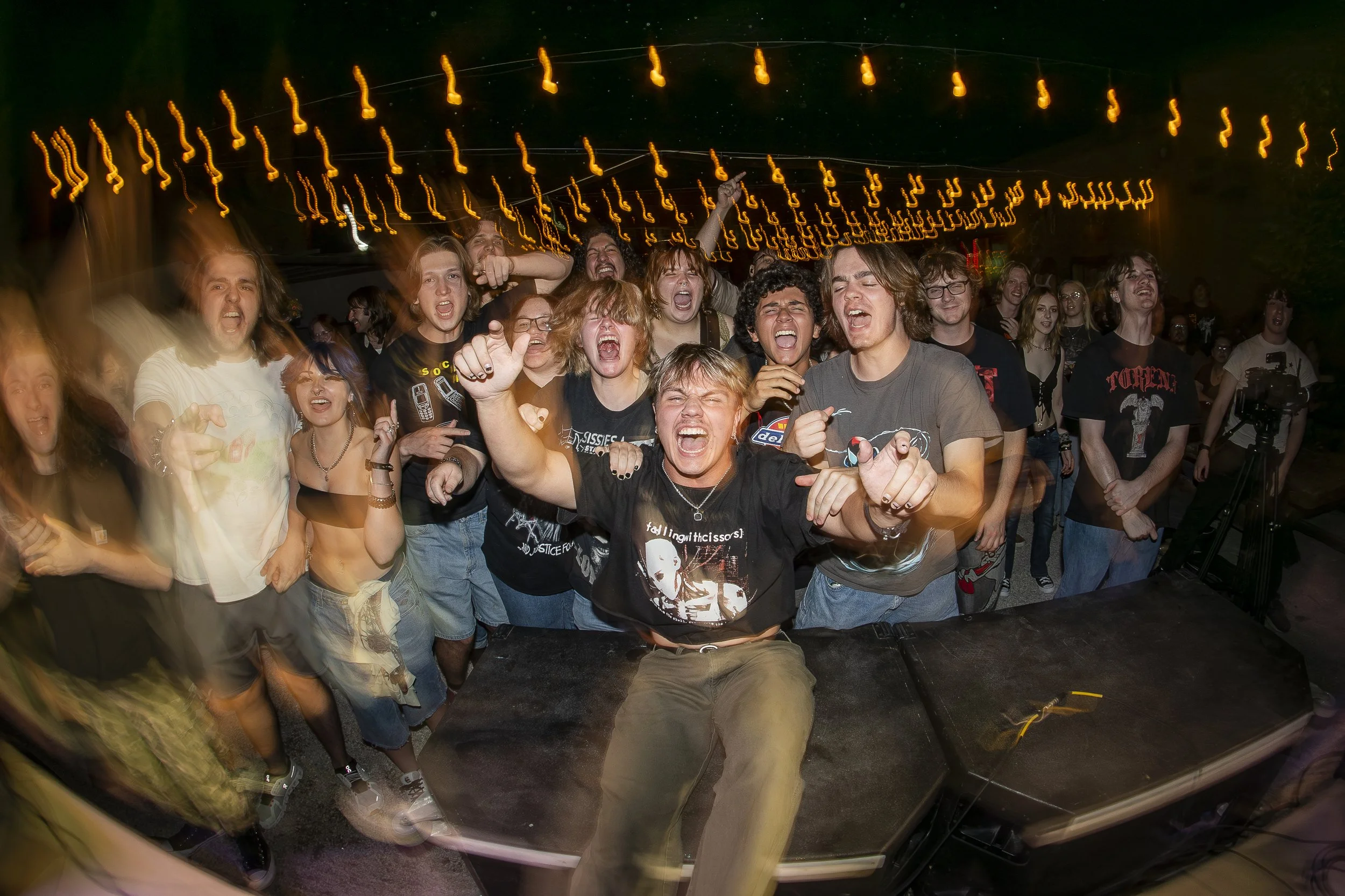 A lively crowd at a music concert or festival at night, with people singing, dancing, and enjoying the performance. The photo captures the energetic and joyful atmosphere with colorful stage lights and motion blur.