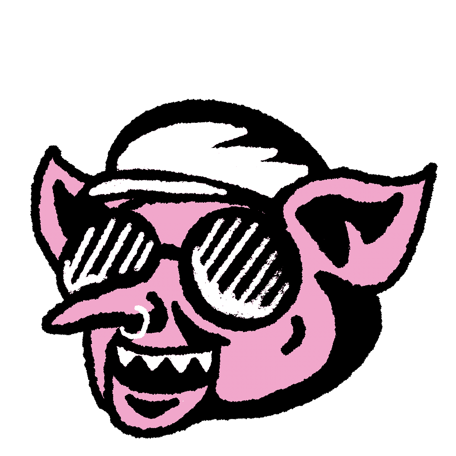 A stylized illustration of Connie Ernatt's troll with a biker hat on, sunglasses, and a nose ring.
