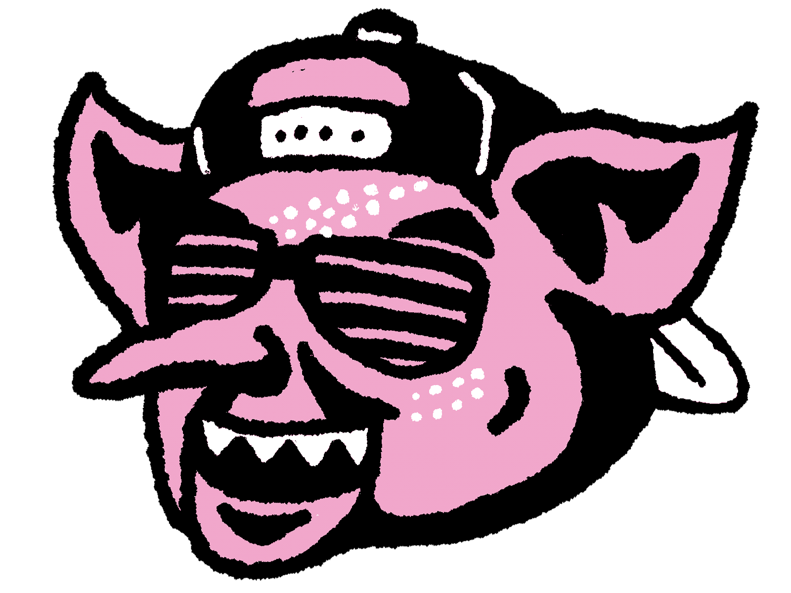 A stylized illustration of Connie Ernatt's troll with a backwards hat on and shutter shades.