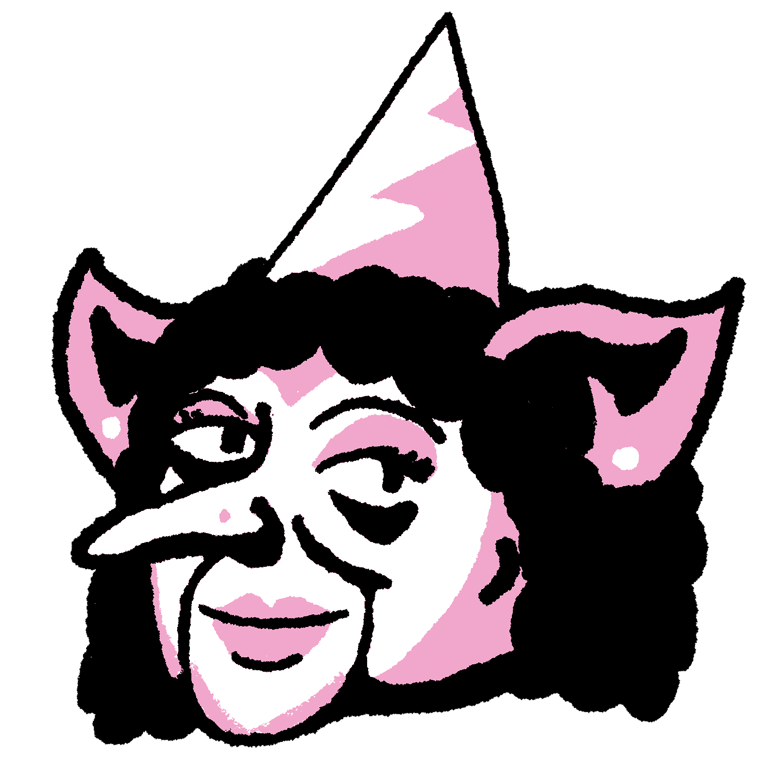 A stylized illustration of Connie Ernatt's troll with short, curly hair, and party hat on.