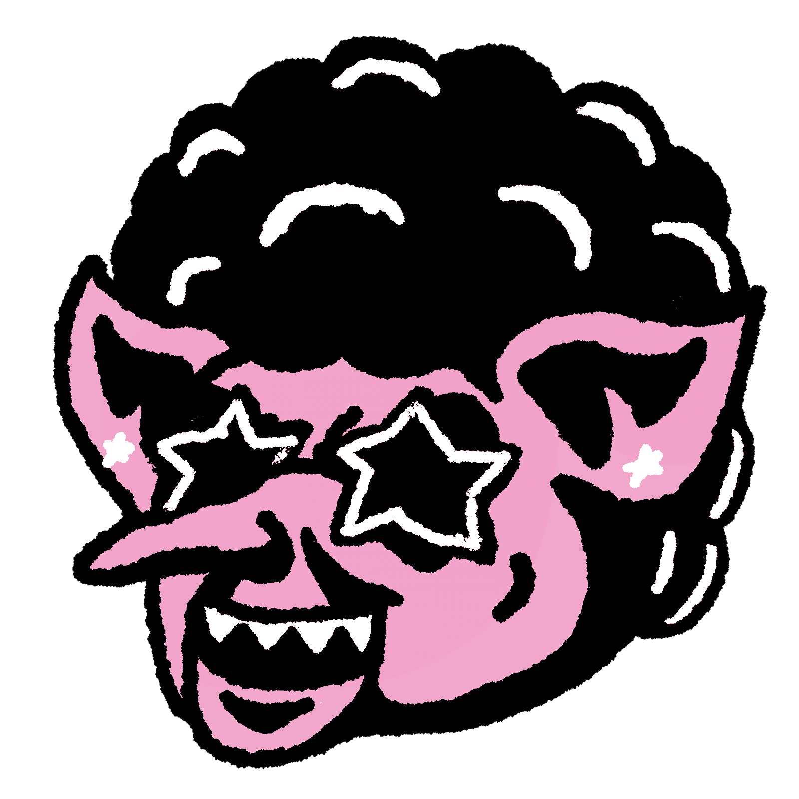 A stylized illustration of Connie Ernatt's troll with an afro and star-shaped sunglasses on.
