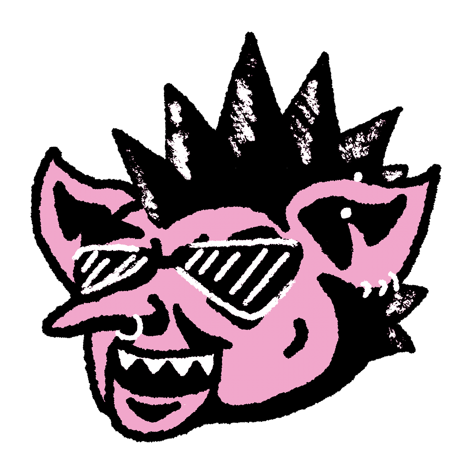 A stylized illustration of Connie Ernatt's troll with a mohawk and sunglasses on. They have a few earrings in their ear too.