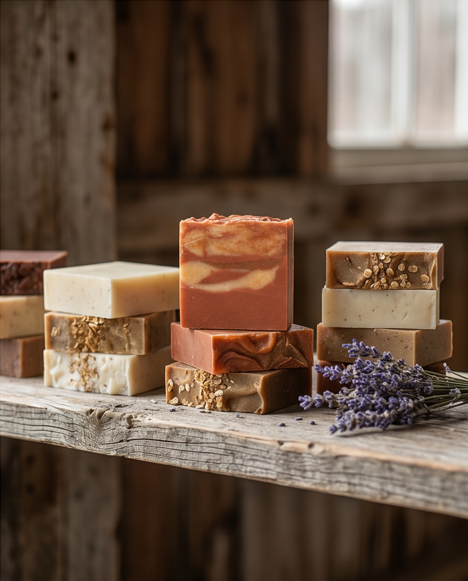 Stacks of artisanal soap bars on a rustic wooden shelf with lavender flowers nearby.