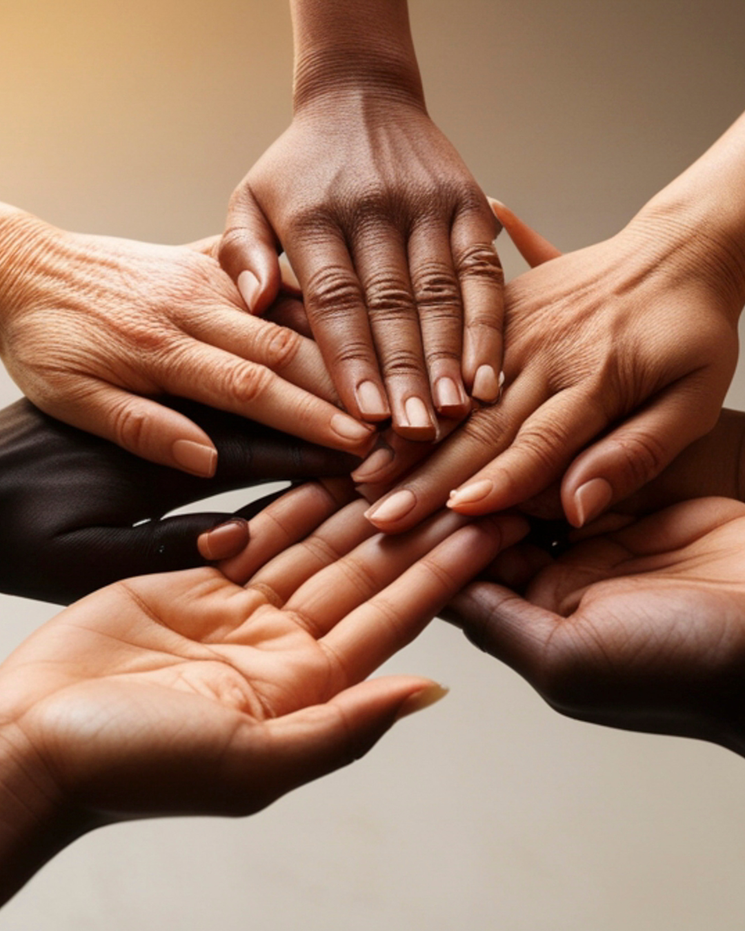 Multiple hands of different skin tones stacked together in the center of the image.