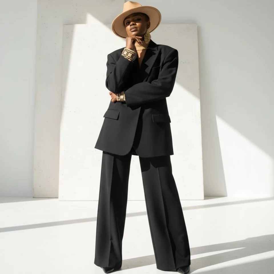 Executive Director Ebony White in a black suit with a wide-brimmed hat standing against a white backdrop.