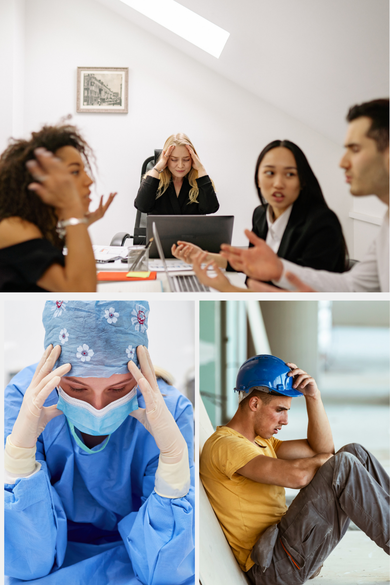 A collage of four images: a stressed woman in an office with coworkers, a person holding a crumpled tissue with a blue floral pattern, a healthcare worker with a forehead pain, and a construction worker sitting on the floor looking distressed.