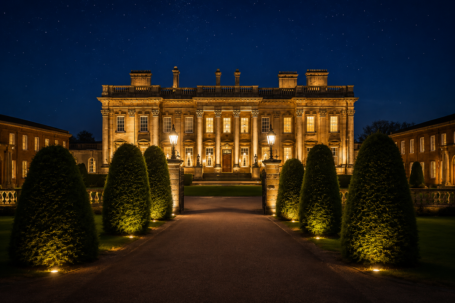 The beautiful Heythrop Park Hotel at night