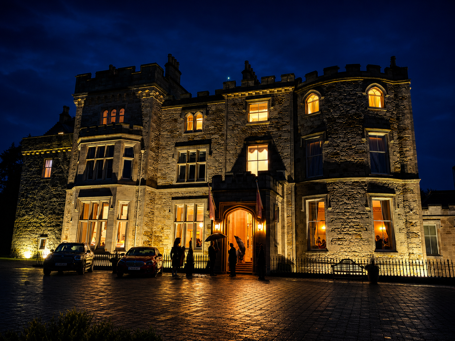 A night time photo of Crossbasket Castle