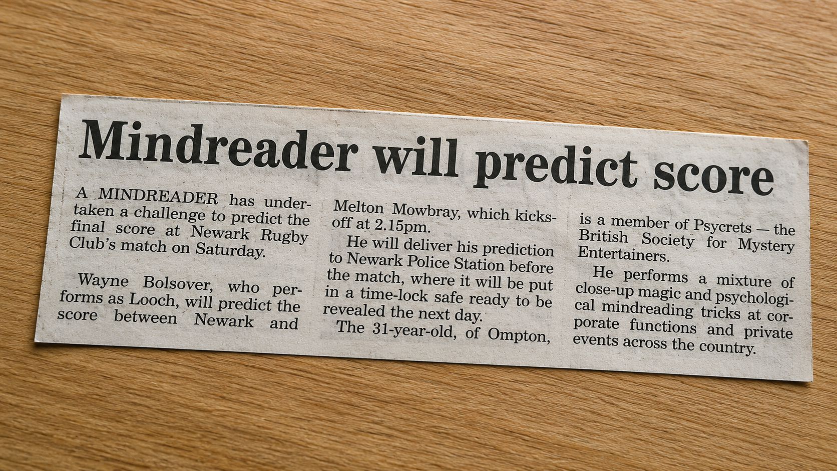 The newspaper clipping announcing the forthcoming challenge