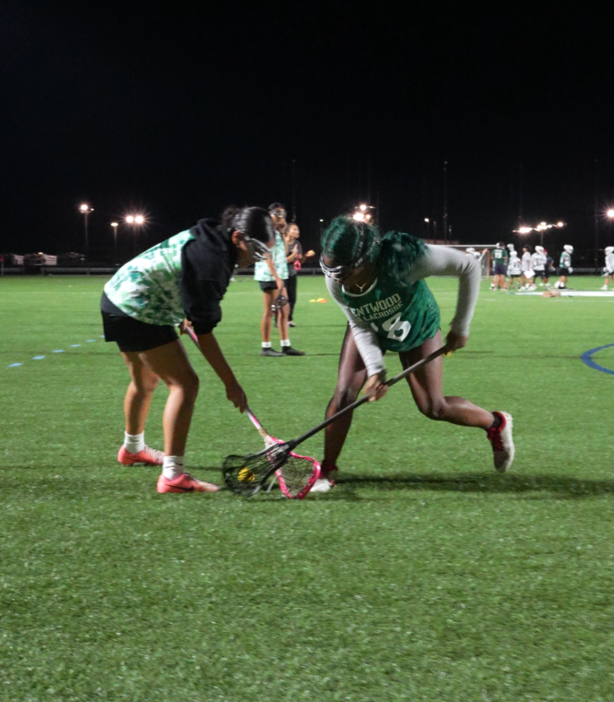 Two female lacrosse players competing for possession of the ball on a brightly lit outdoor field at night, with other players practicing in the background.