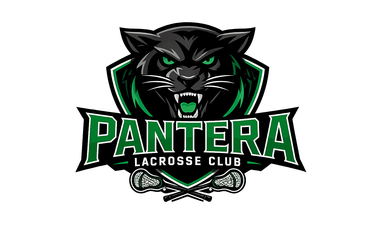 Logo of the Pantera Lacrosse Club featuring a fierce panther head with green eyes and open mouth, with two lacrosse sticks crossed below the name.