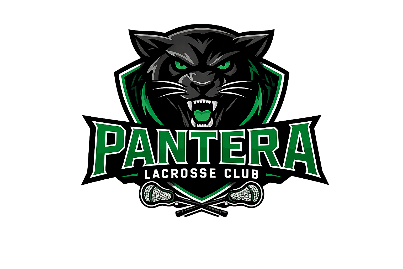 Logo of Pantera Lacrosse Club featuring a fierce panther head with green eyes and mouth open, with two lacrosse sticks crossed below, on a black background.