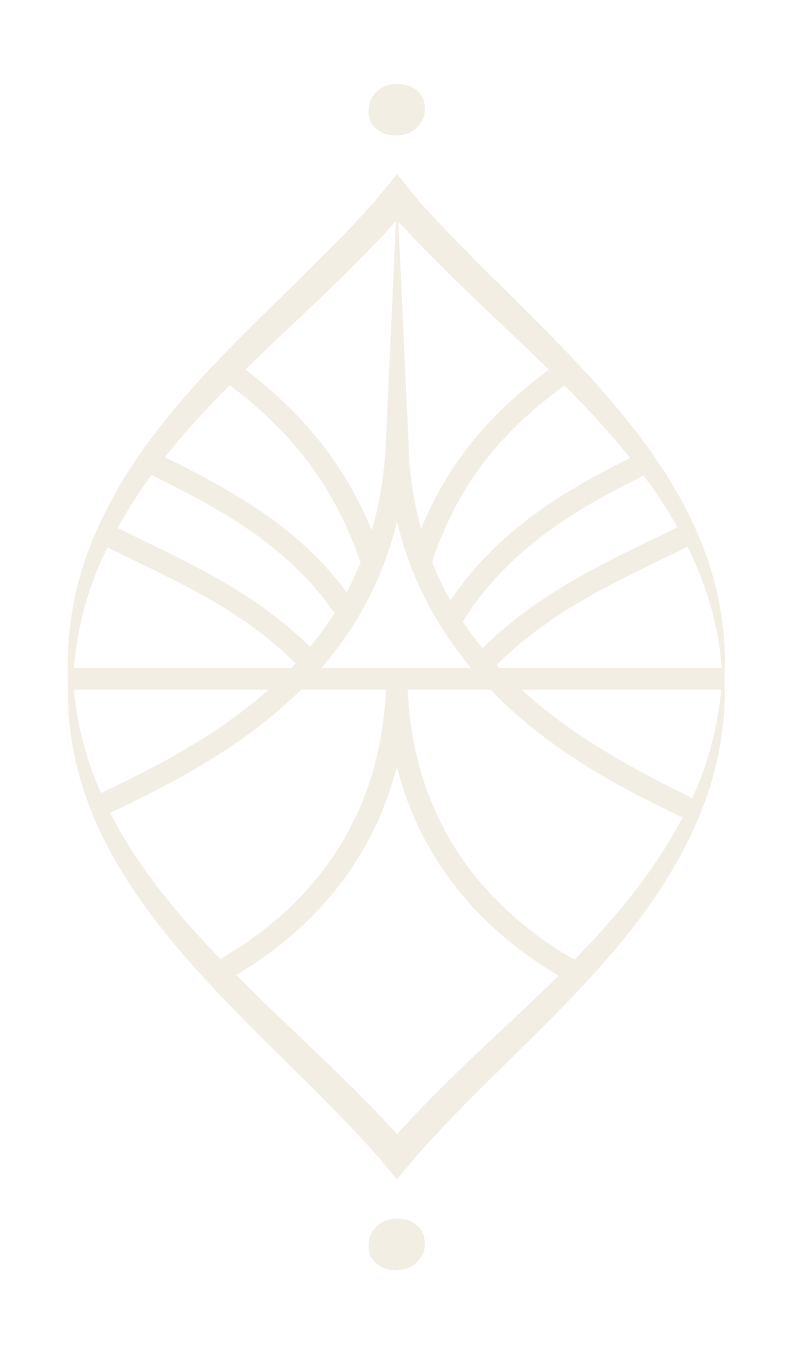 A black and white geometric design resembling a stylized leaf or feather motif with symmetrical lines and shapes.