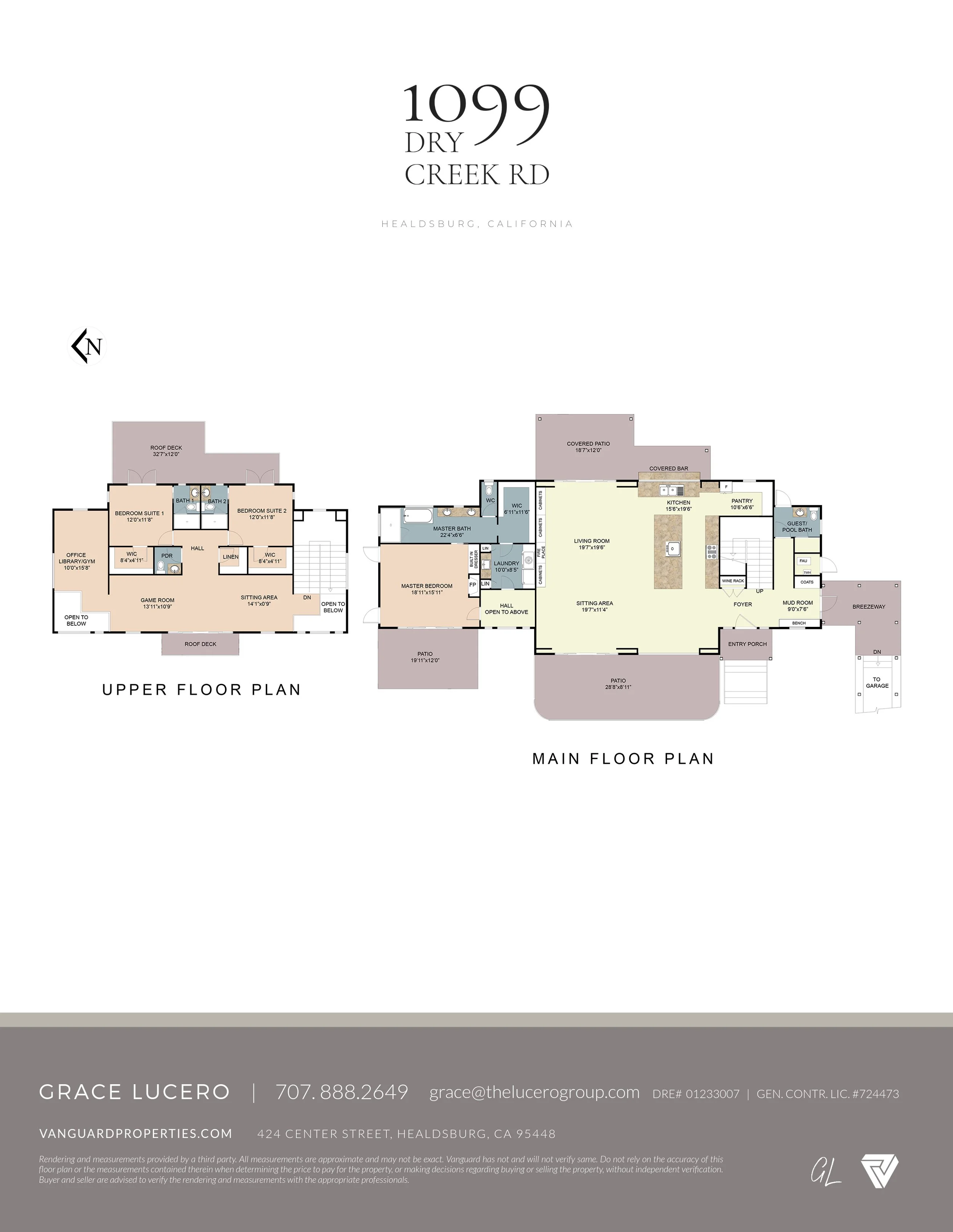 Real estate marketing flyer for a property at 1099 Dry Creek Road, Healdsburg, California, featuring the upper and main floor plans and contact information for agent Grace Lucero.