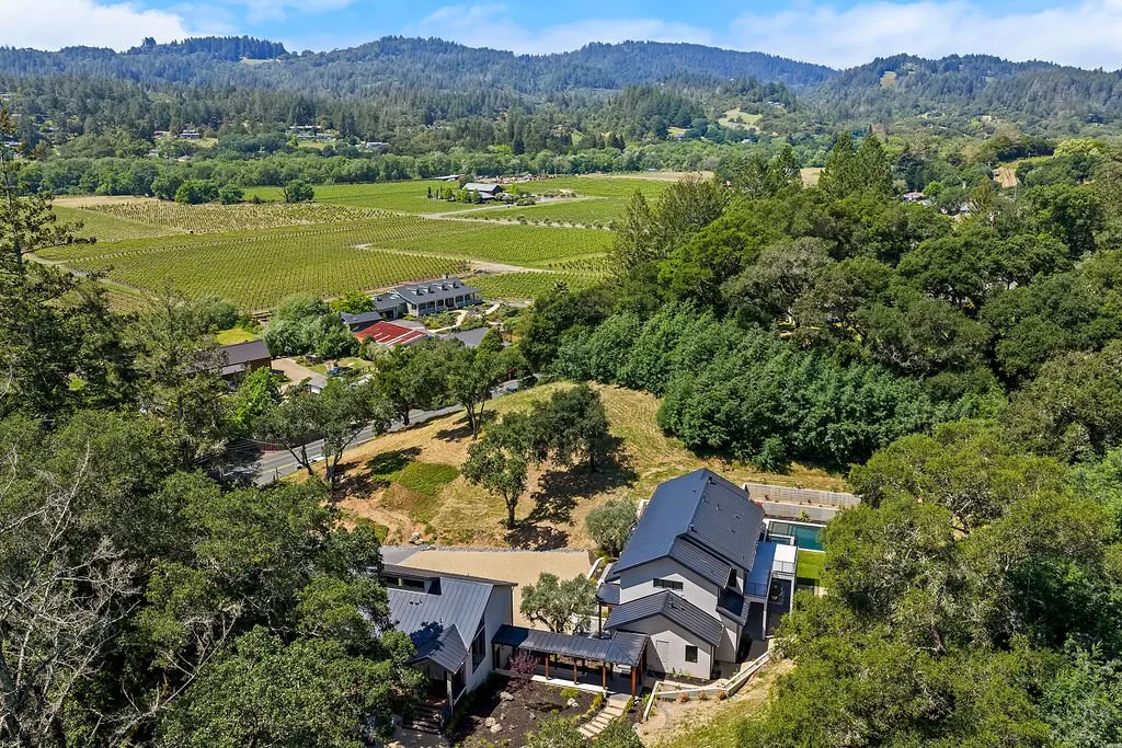 Aerial view of a modern house with a black roof surrounded by trees, hills, and a vineyard in the background.