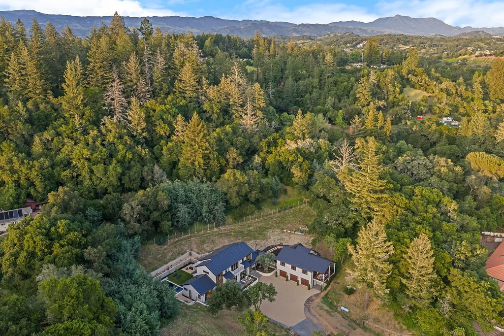 Aerial view of a house with a dark roof surrounded by dense trees on a hillside, with mountains in the background under a partly cloudy sky.