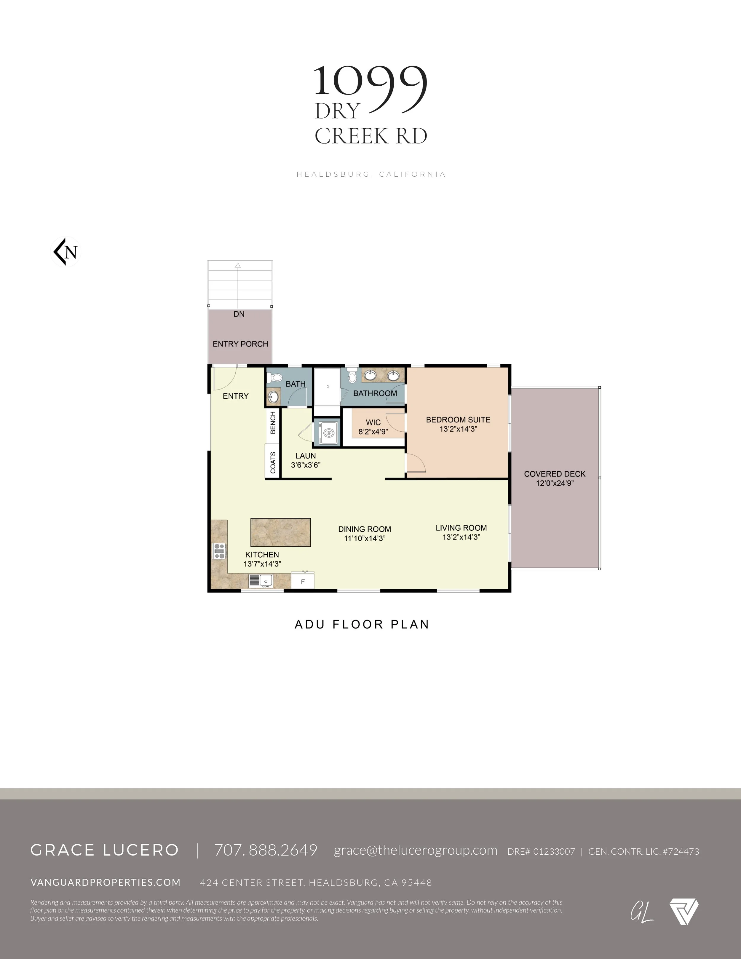 Interior floor plan of a house with labeled rooms including kitchen, dining room, living room, bedroom suite, walk-in closet, bathroom, laundry, and entry areas with a covered deck outside. Part of a real estate marketing layout.