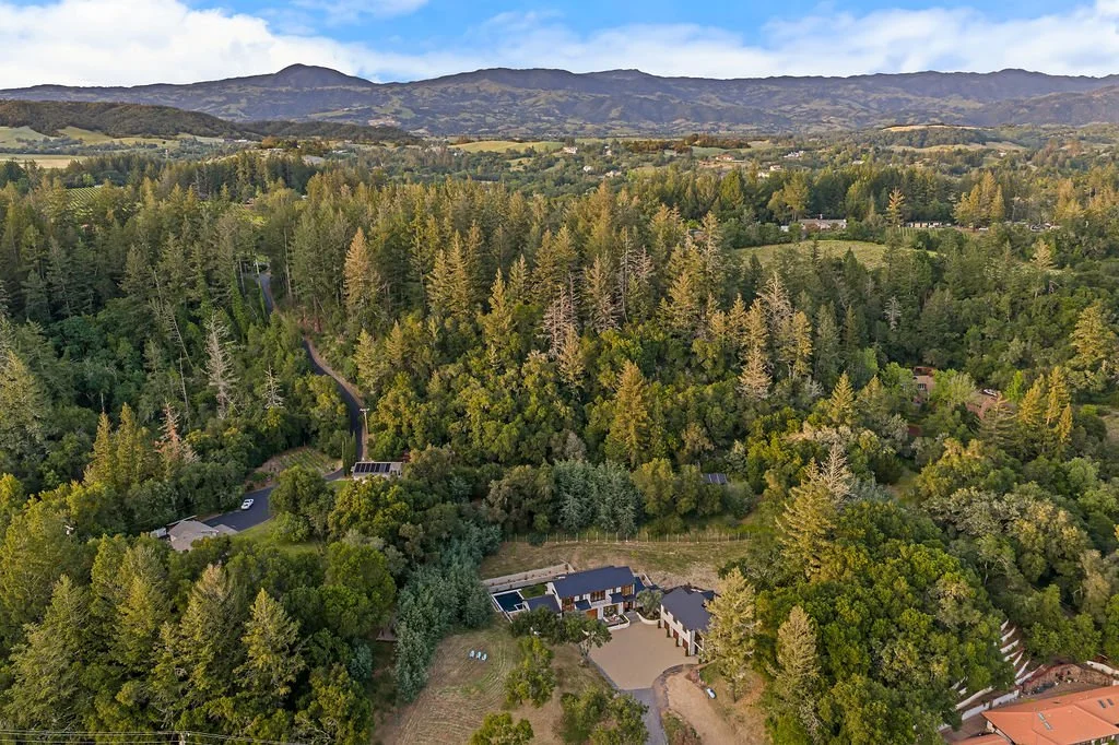 Aerial view of a lush, green forested hillside with scattered houses and winding roads, mountain range in the background under a partly cloudy sky.
