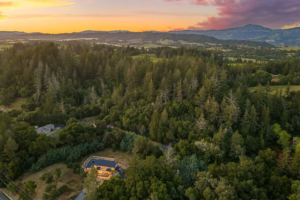 Aerial view of a lush green forest with a house in the foreground, under a colorful sunset sky with distant mountains.