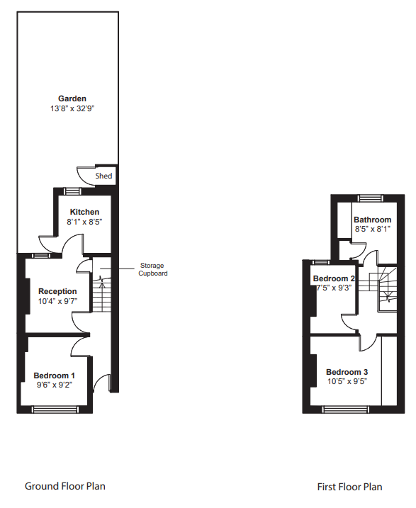 Floor plan of a two-story house showing ground floor with a garden, shed, kitchen, reception, and bedroom 1. The first floor has a bathroom, bedroom 2, and bedroom 3.