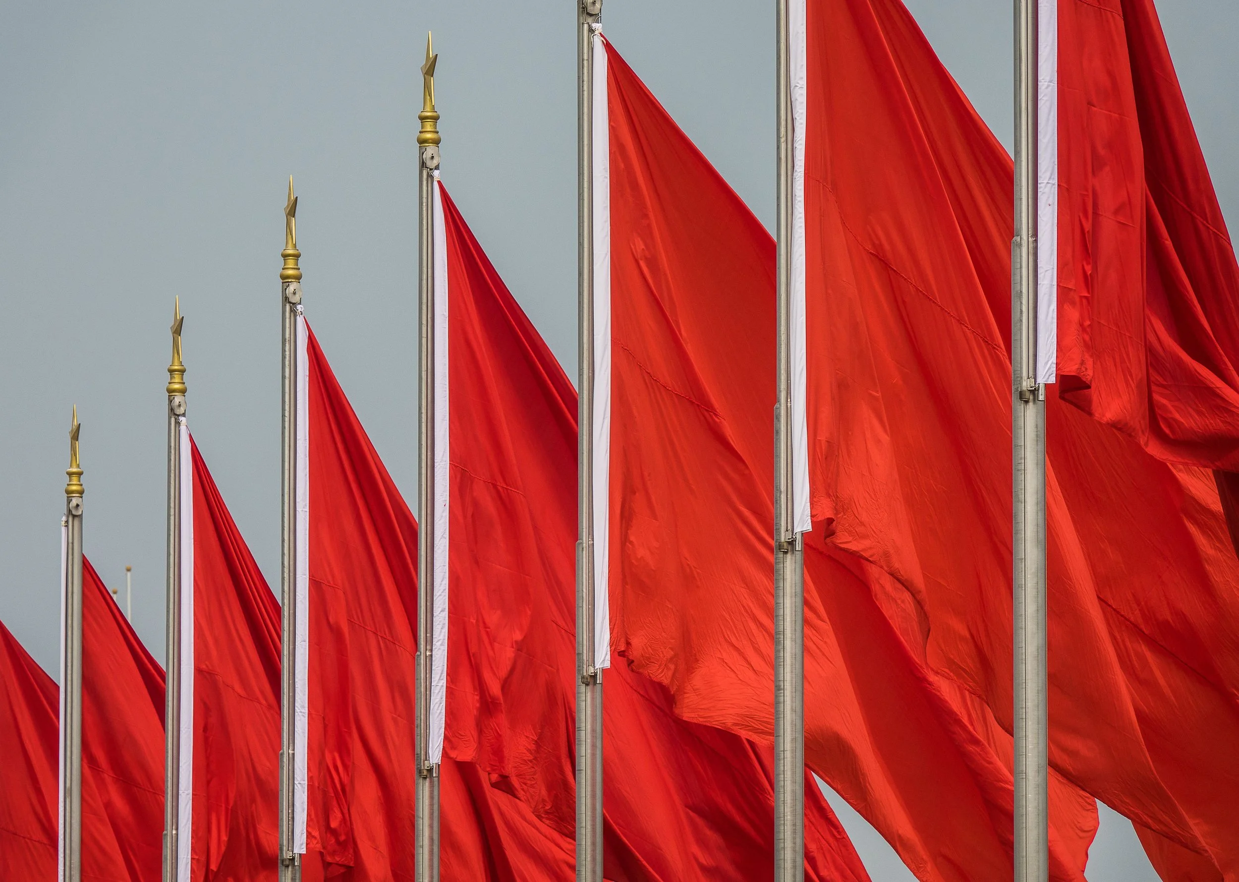 Rows of red flags flying against a grey sky, symbolizing the warning signs investors should watch for during DST sponsor due diligence.