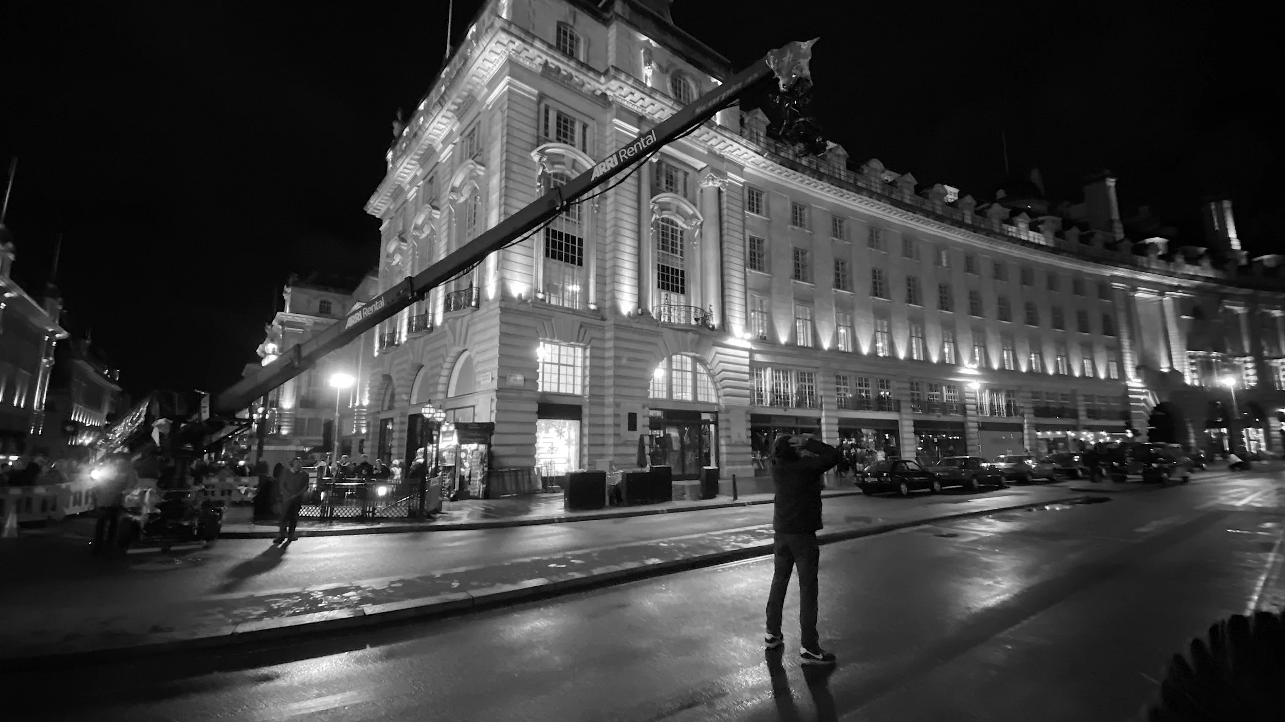 Exterior behind the scenes shot the movie “Betterman’.  An ARRI Rental crane moves into position for the final shot.