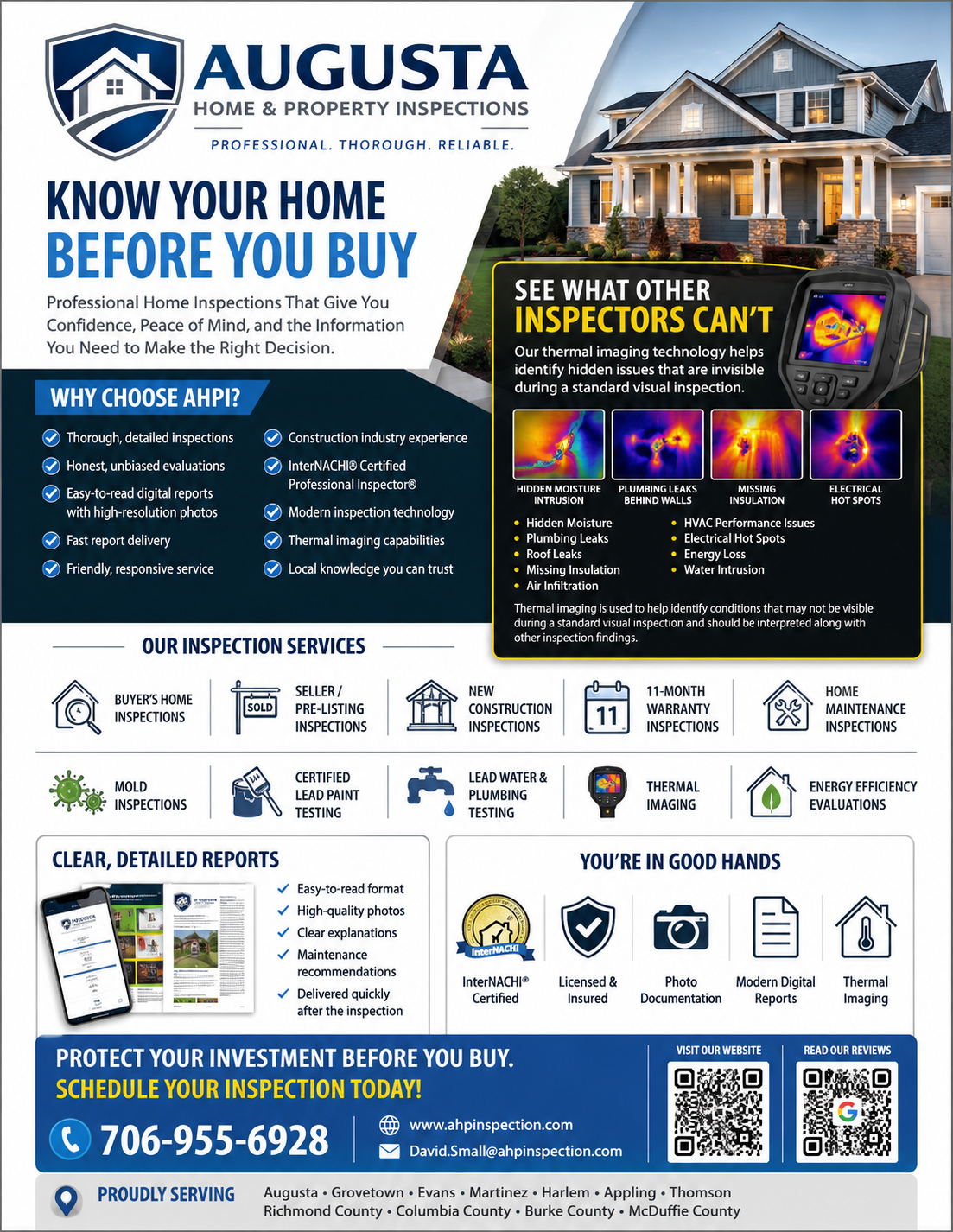 Flyer for Augusta Home & Property Inspections highlighting services, thermal imaging technology, and contact information.
