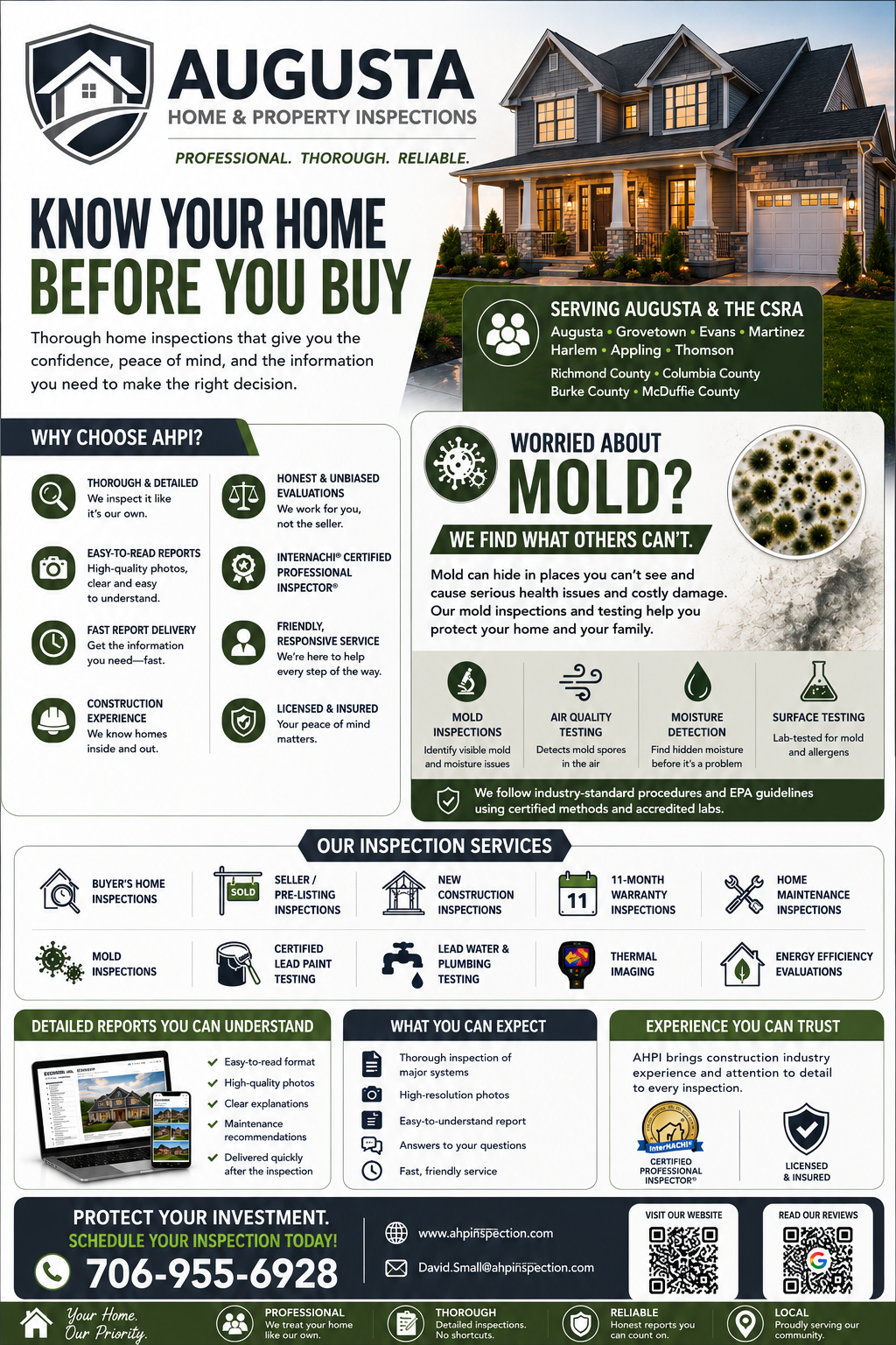 An advertisement for Augusta Home & Property Inspections featuring a large house, company logo, and information about mold testing, inspection services, and industry credentials.