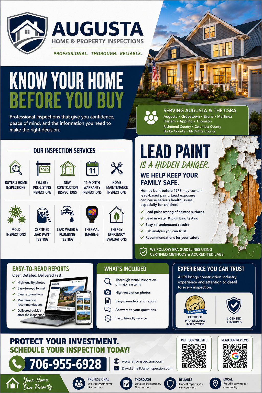 A promotional flyer for Augusta Home & Property Inspections featuring a modern house and details about their services, including home inspections, mold testing, and energy evaluations, emphasizing safety concerns about lead paint, with contact information and website links.