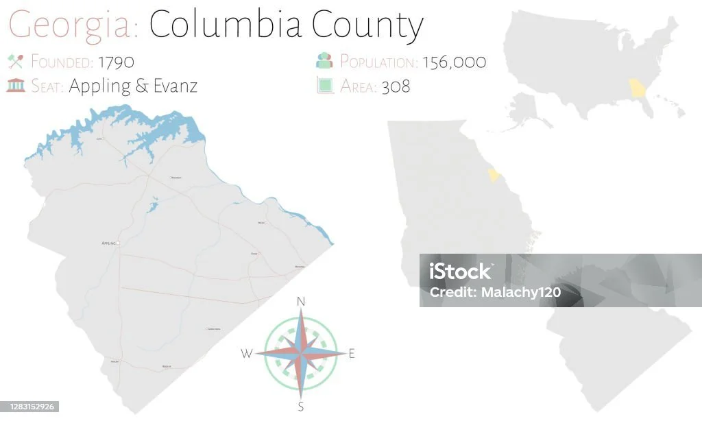 A map of Columbia County, Georgia, showing its founding year 1790, population of 156,000, and area of 308 square miles. The county seat is Appling & Evanz. The map includes a small inset map of Georgia with Columbia County highlighted.