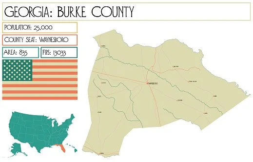 Map of Burke County, Georgia, highlighting its location. Additional infographic details include population of 25,000, county seat of Waynesboro, area of 835 square miles, and FIPS code 13033. A small map of the United States shows Georgia in green, with Burke County marked in orange, and an American flag graphic.
