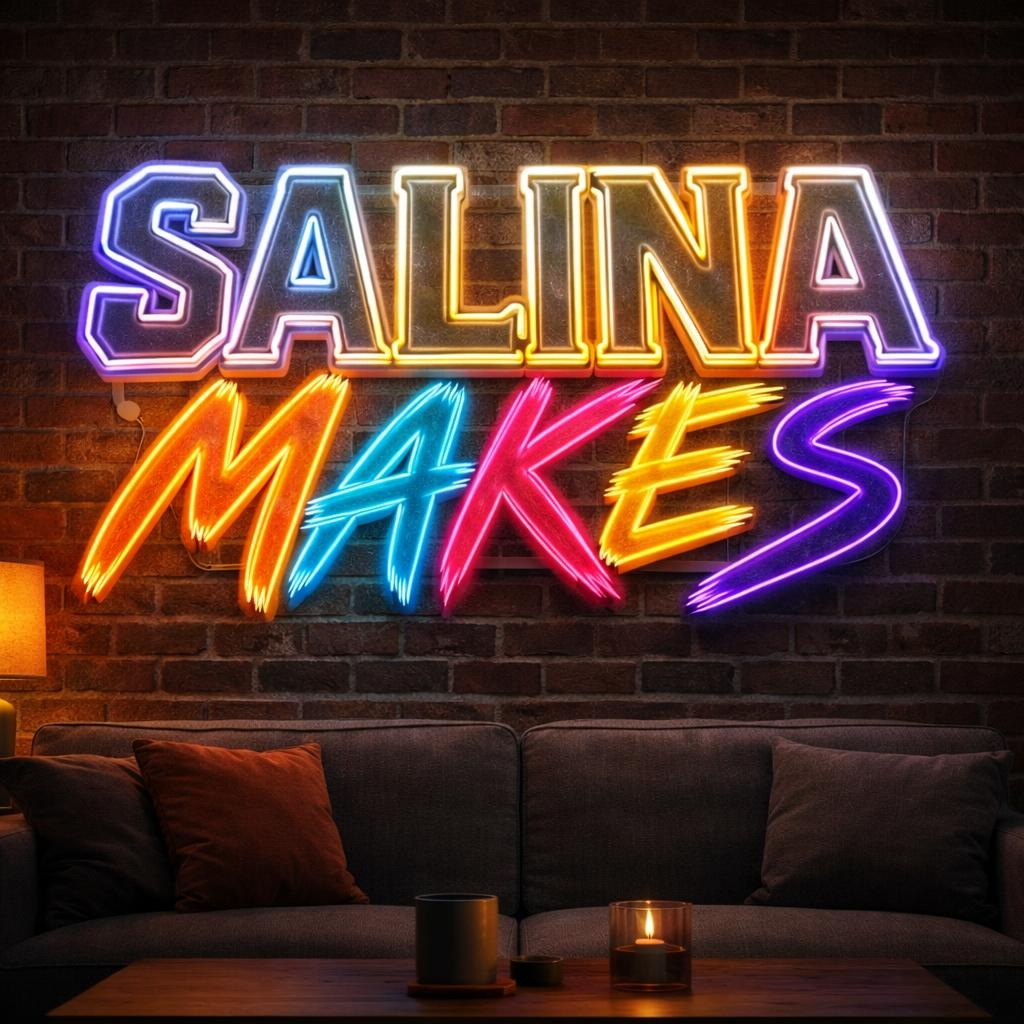 Neon sign reading 'Salina Makes' in colorful lights on a brick wall, above a sofa with cushions and a small table with a lit candle.