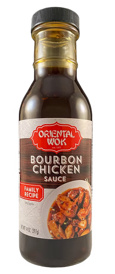 Bottle of Oriental Wok Bourbon Chicken Sauce with a label featuring an image of cooked bourbon chicken.