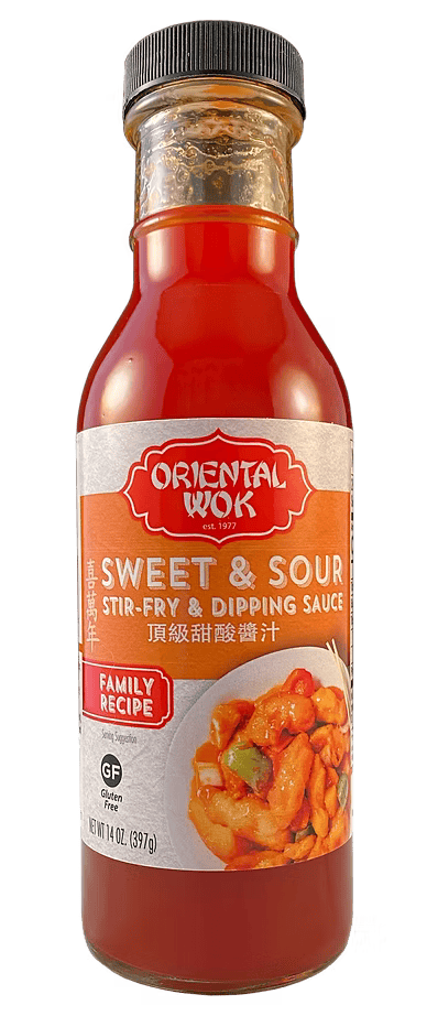 A bottle of Oriental Wok Sweet & Sour Stir-Fry & Dipping Sauce with a picture of a sweet and sour dish on it.