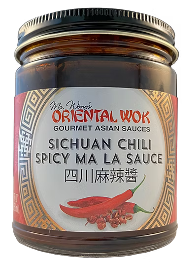 Jar of Mr. Wong's Oriental Wok Sichuan Chili Spicy Ma La Sauce with a red chili pepper and Sichuan peppercorns on the label.