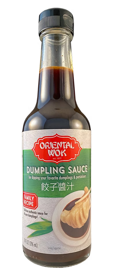 A bottle of Oriental Wok dumpling sauce with a picture of a dumpling on the label.