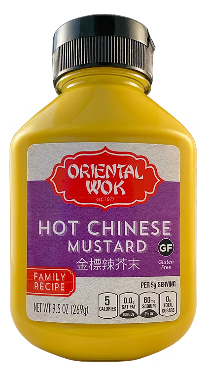A yellow bottle of Oriental Wok Hot Chinese Mustard with a black cap and red, purple, and white label.