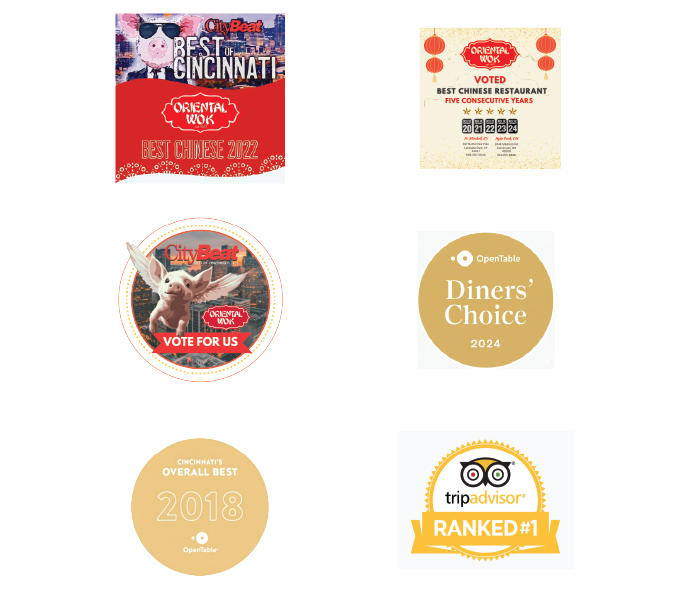 Collection of award and recognition badges given to Oriental Wok  including Best Chinese 2022, Diners' Choice 2024 from OpenTable, Overall Best 2018 from Cincinnati's OpenTable, and TripAdvisor Ranked #1.