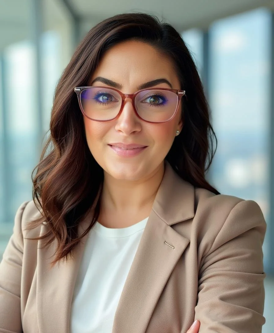 A woman with brown hair and glasses smiling at the camera in a modern office setting.