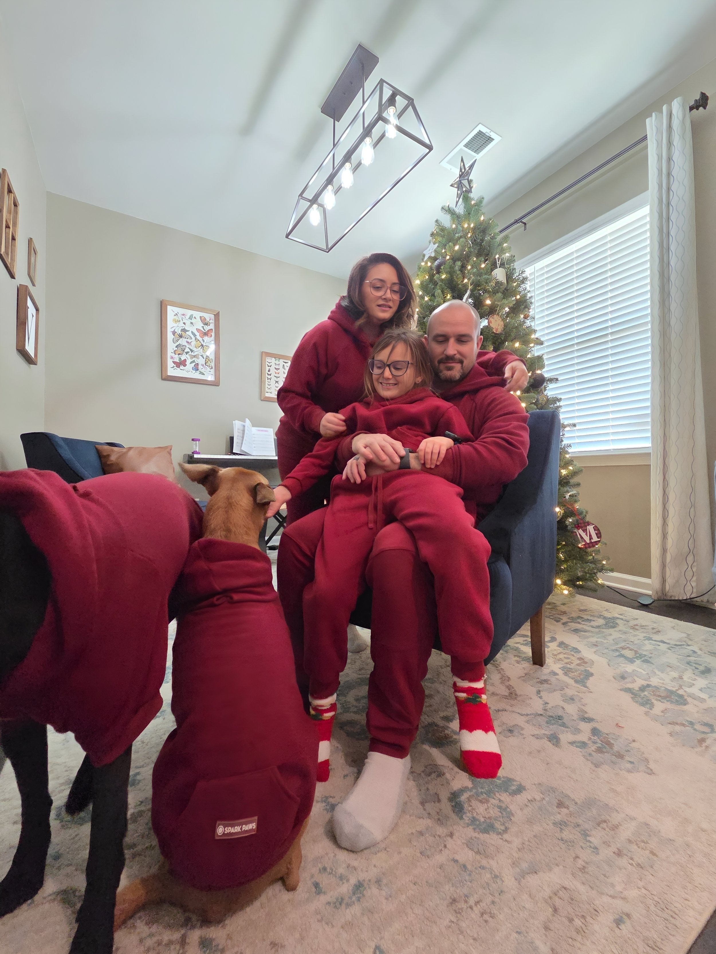 Family in festive clothing, including Christmas sweaters and socks, gathering around a Christmas tree inside a living room, with a dog present in the scene.