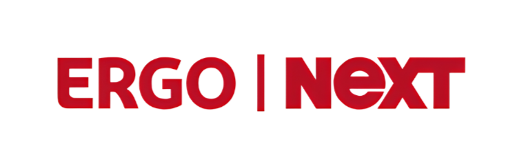 Red 3D text reading "ERGO I NEXT" on a black background.