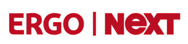 The image features the text 'ERGO NEXT' in bold, red, three-dimensional letters against a black background.