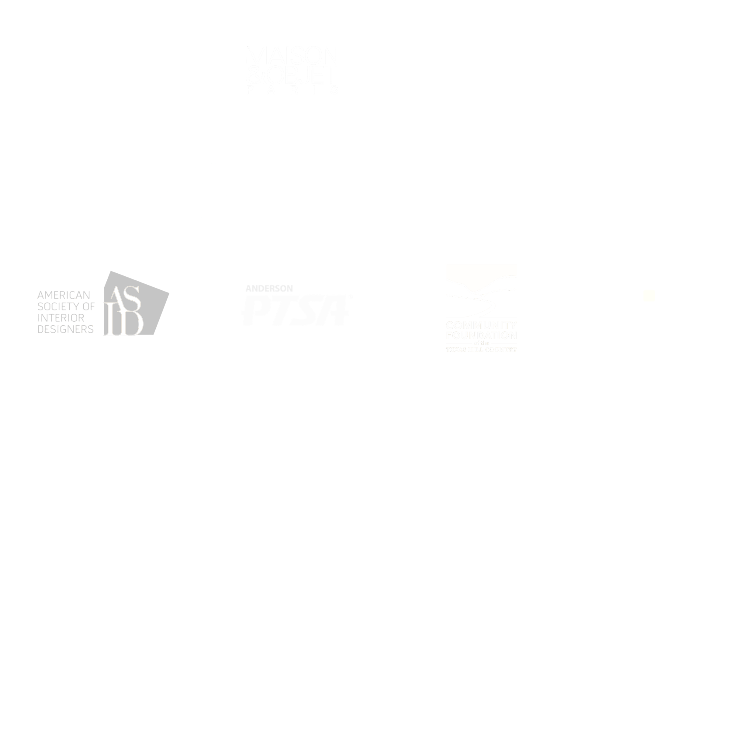 Collection of various logos for organizations and events, including the Sustainable Furnishings Council, Maison & Objet Paris, High Point Market, Round Top Antiques Market, Texas Hill Country Community Foundation, and Better TX.