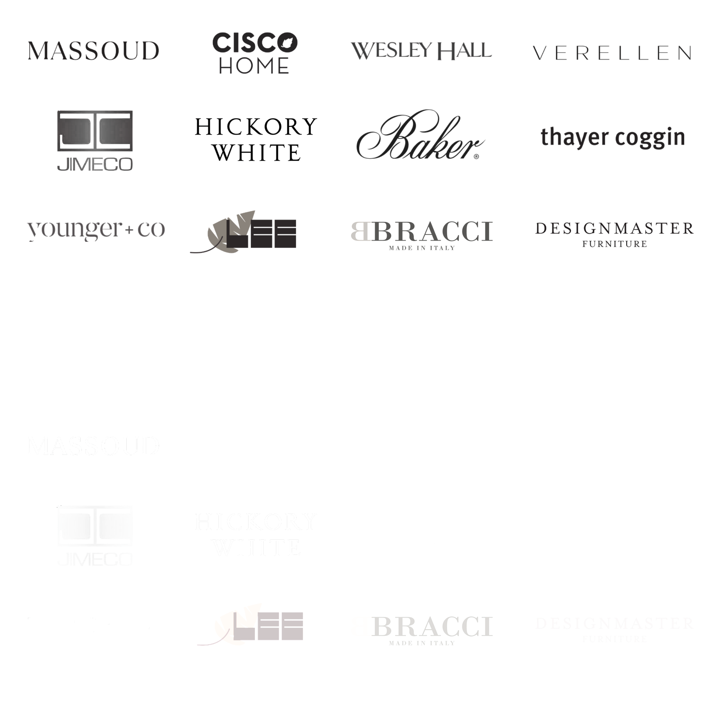 Decorative text featuring names of famous American brands and places, including 'Massoud,' 'Cisco Home,' 'Wesley Hall,' 'Verellen,' 'Thayer Coggin,' 'Hickory,' and 'Wells.'